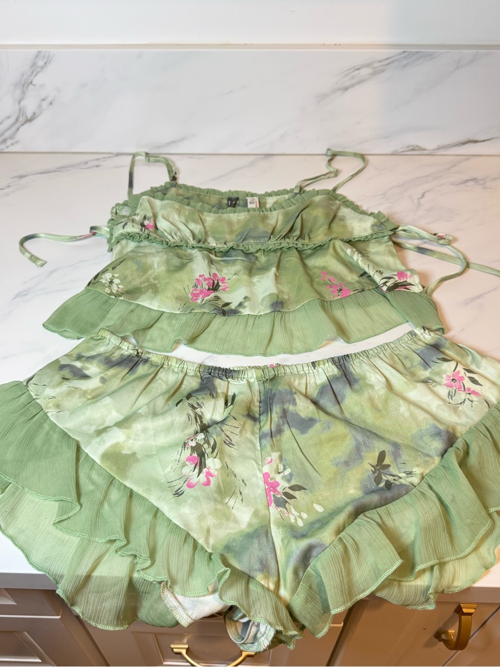 Anthropologie Light Green Floral Ruffled Satin Sleep Set